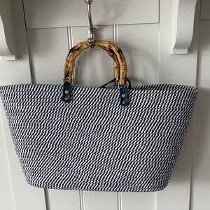 French Connection Navy and White Tote with Bamboo Handles